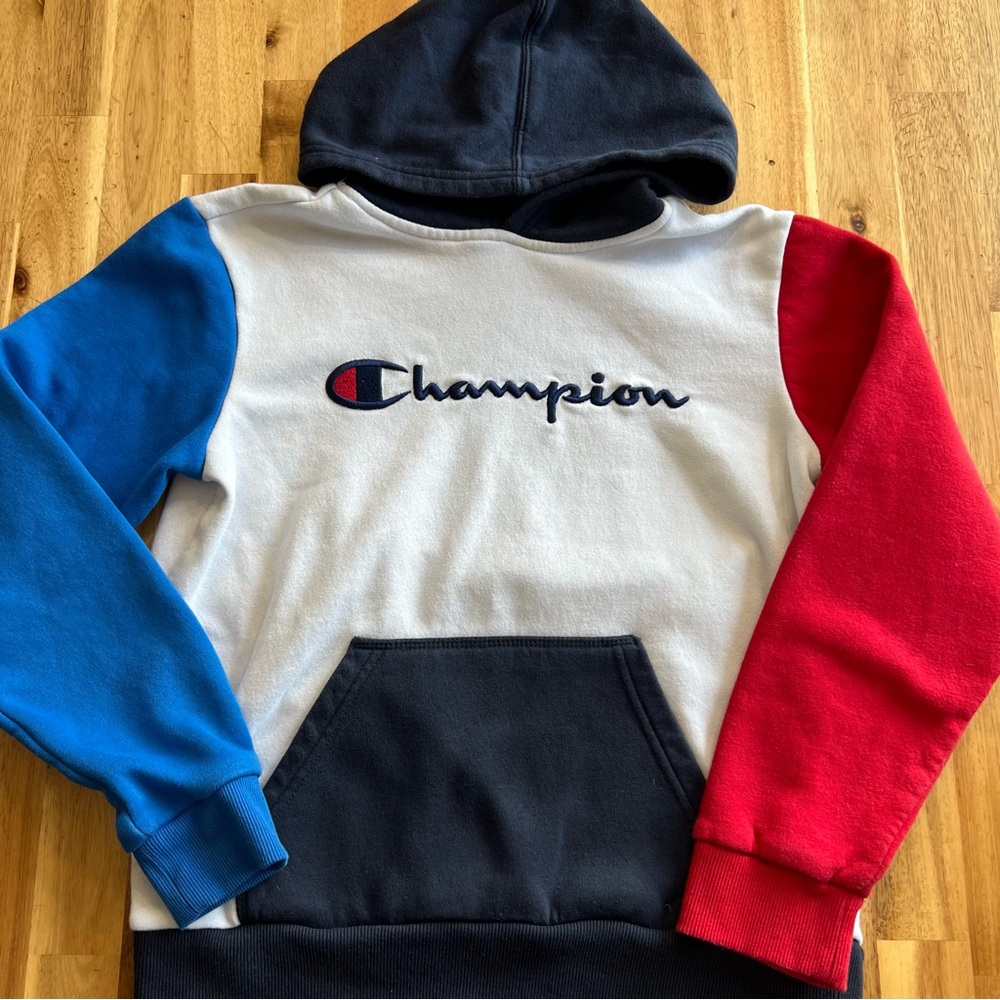 Champion Kids Large Colorblock Hoodie Navy White Red Blue Logo Pullover - Picture 1 of 4